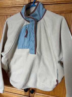 Thread & Supply Cream Fleece Jacket with Blue Collar and Brown Trim